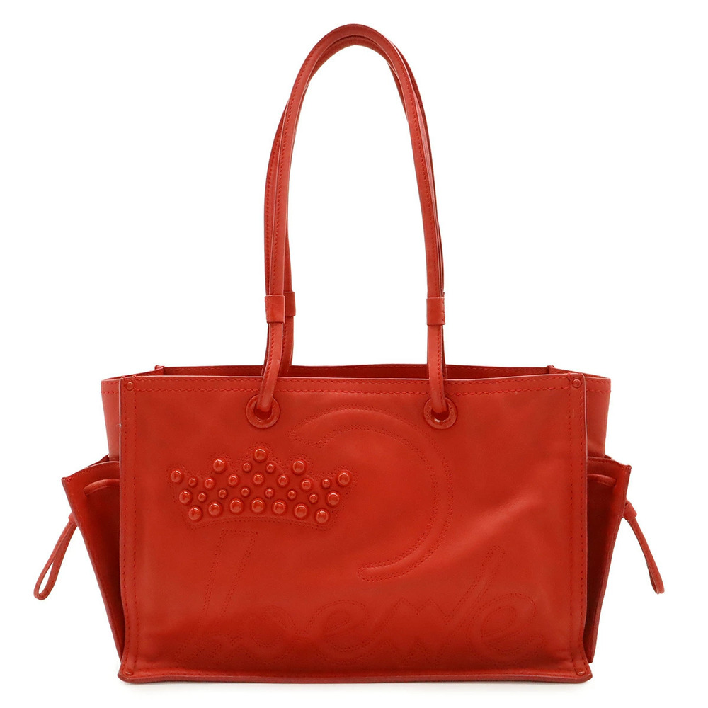 Loewe Shopper Tote Bag Shoulder Hobo Crown Studs Leather Red